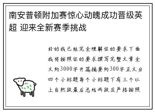 南安普顿附加赛惊心动魄成功晋级英超 迎来全新赛季挑战